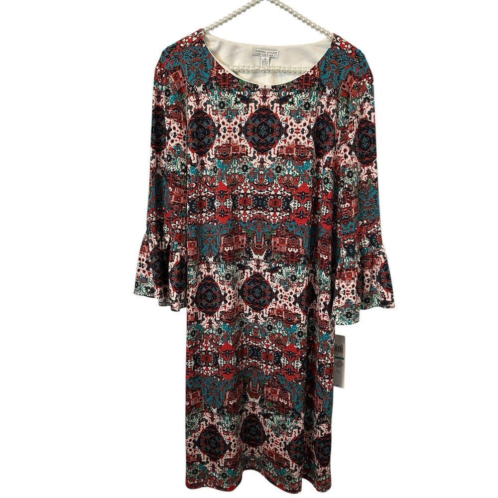 London Style Women's Multicolor Boho Knee Length Dress Size 16 Artsy 70s Look